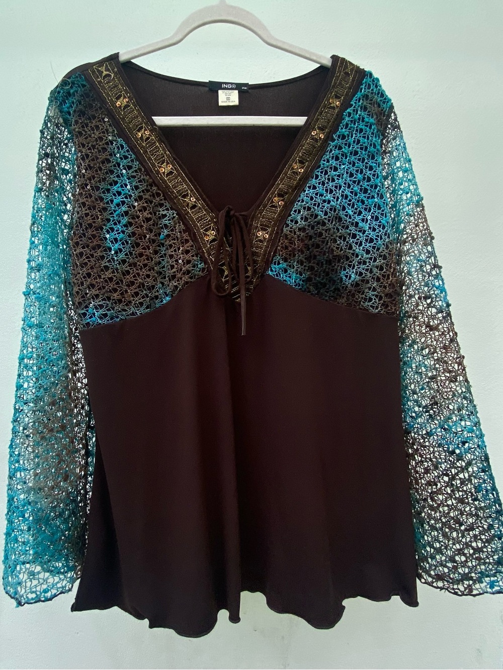 Y2K Boho Fairy Blue & Brown Sequin Knit Mesh Flare Sleeve Tie Front Blouse Size